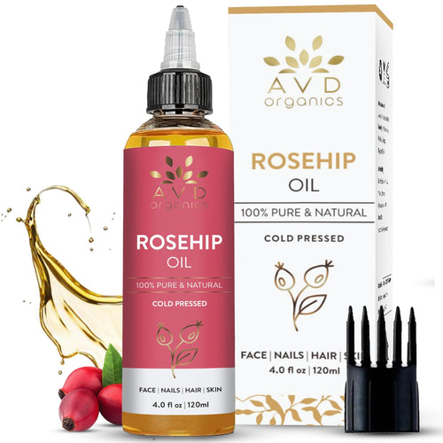 AVD ORGANICS Rosehip Oil for Face 120ml - 100% Pure, Cold-Pressed Huile de Rose Musquée - Rose hip Oil for Face, Skin, Hair, Scalp & Nails - Moisturizing for Daily Use (4.05 fl oz)