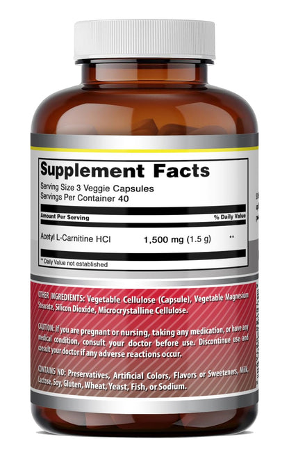 Amazing Formulas Acetyl L-Carnitine - 1500 per Serving Supplement - Vegetarian Capsules - Non-GMO - Gluten-Free - Made in USA (1 Pack - 120 Count)