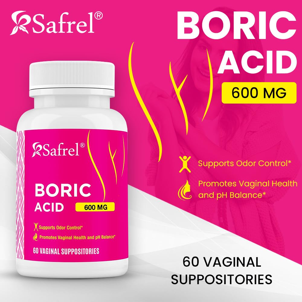 Safrel Boric Acid Vaginal Suppositories - 60 Count (1-Pack) - 100% Pure USA-Made, Supports Intimate