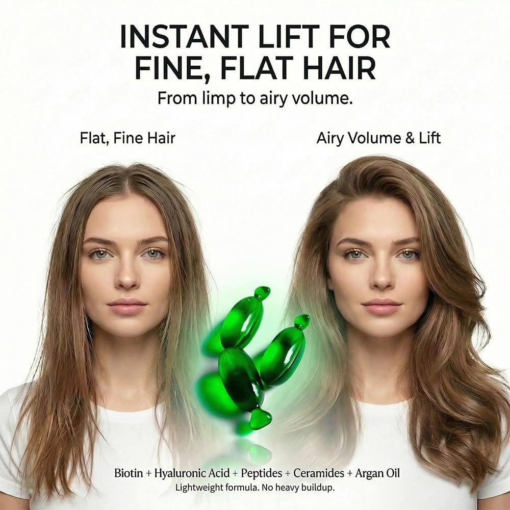 BODYDENSE Volumizing Hair Serum Capsules - Leave-In Hair Serum for Fine, Limp & Fragile Hair - Argan Oil, Peptides & Ceramides - Body, Shine & Heat Protection - Vegan, Mineral Oil Free - 15 Capsules