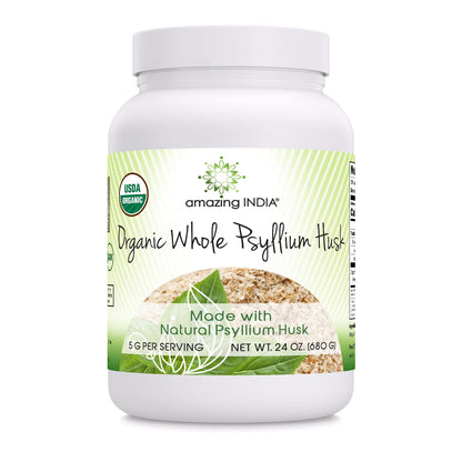 Amazing India USDA Organic Whole Psyllium Husk Powder Supplement - 5 Grams Per Serving - Non-GMO - Gluten Free - Made in USA (24 Oz - 1 Pack)