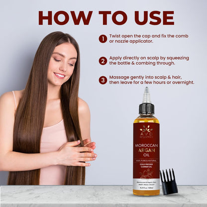 AVD Organics Argan Oil for Hair 120ml - 100% Pure & Natural Moroccan Argan Oil for Adult Hydration, Nourishing, Strengthening, Curly, Frizzy, Dry, Damaged Hair,Face, Skin, Scalp & Nails - (4.05 fl oz)