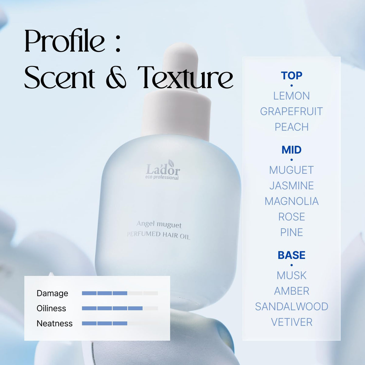 LA’DOR Perfumed Hair Oil (Angel Muguet), Floral Musk Fragrance, Argan & Avocado Oils with Keratin for Shine and Frizz Control, for Dry, Damaged Hair, Korean Hair Care (1.01 Fl Oz / 30 ml)