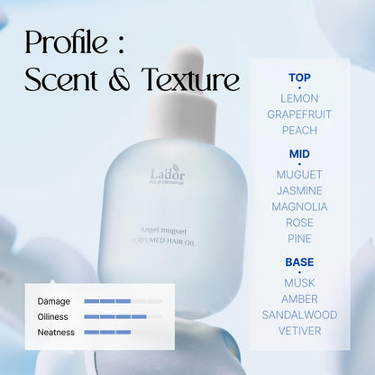 LA’DOR Perfumed Hair Oil (Angel Muguet), Floral Musk Fragrance, Argan & Avocado Oils with Keratin for Shine and Frizz Control, for Dry, Damaged Hair, Korean Hair Care (1.01 Fl Oz / 30 ml)