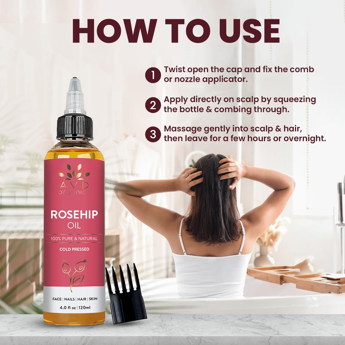 AVD ORGANICS Rosehip Oil for Face 120ml - 100% Pure, Cold-Pressed Huile de Rose Musquée - Rose hip Oil for Face, Skin, Hair, Scalp & Nails - Moisturizing for Daily Use (4.05 fl oz)