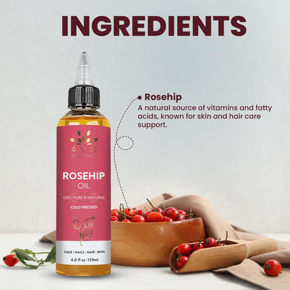 AVD ORGANICS Rosehip Oil for Face 120ml - 100% Pure, Cold-Pressed Huile de Rose Musquée - Rose hip Oil for Face, Skin, Hair, Scalp & Nails - Moisturizing for Daily Use (4.05 fl oz)