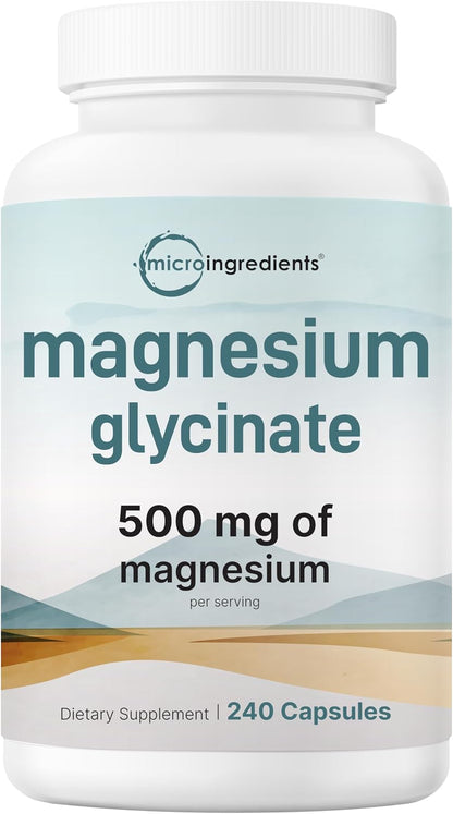 Micro Ingredients Magnesium Glycinate 500mg Per Serving, 240 Capsules - Potent Elemental Form, Chelated, High Absorption - Healthy Muscle, Bones, & Mood Support Supplement - Non-GMO