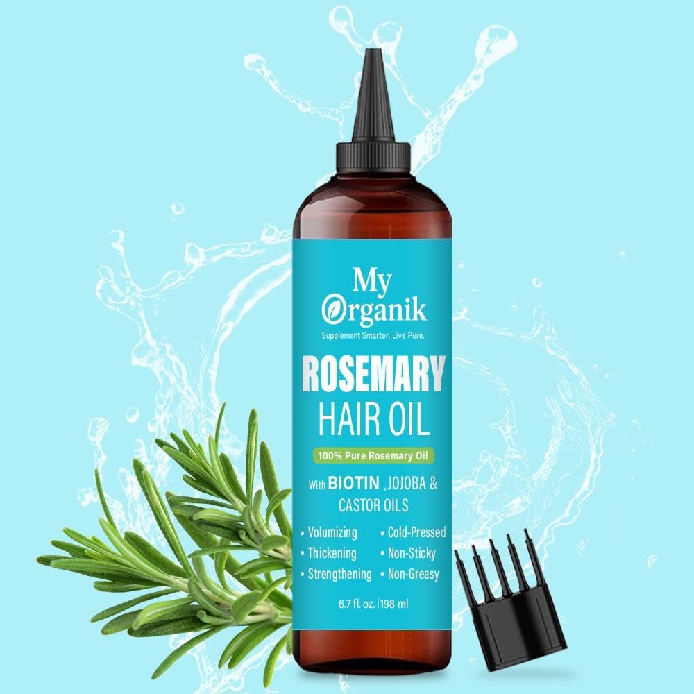 My Organik Rosemary Oil for Hair Growth - Cold-Pressed, Infused with Biotin, Jojoba & Castor Oil - Scalp Treatment for Hair Thickening, Strengthening & Dandruff Relief - Non-GMO - 6.7 fl oz / 198 ml