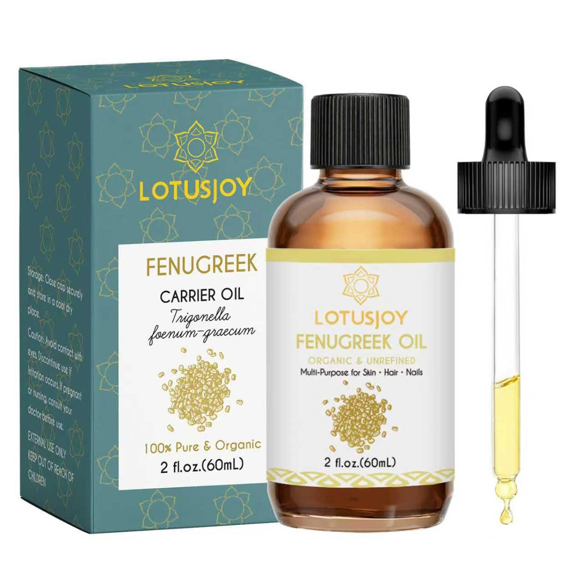 LOTUSJOY Fenugreek Oil, Organic & Unrefined, Multi-Purpose for Skin Hair Nails, 2 fl oz (60mL)