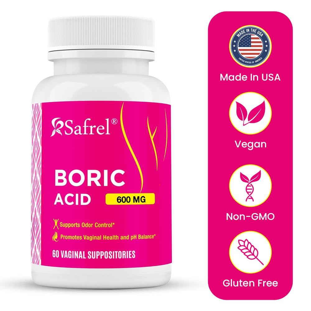 Safrel Boric Acid Vaginal Suppositories - 60 Count (1-Pack) - 100% Pure USA-Made, Supports Intimate