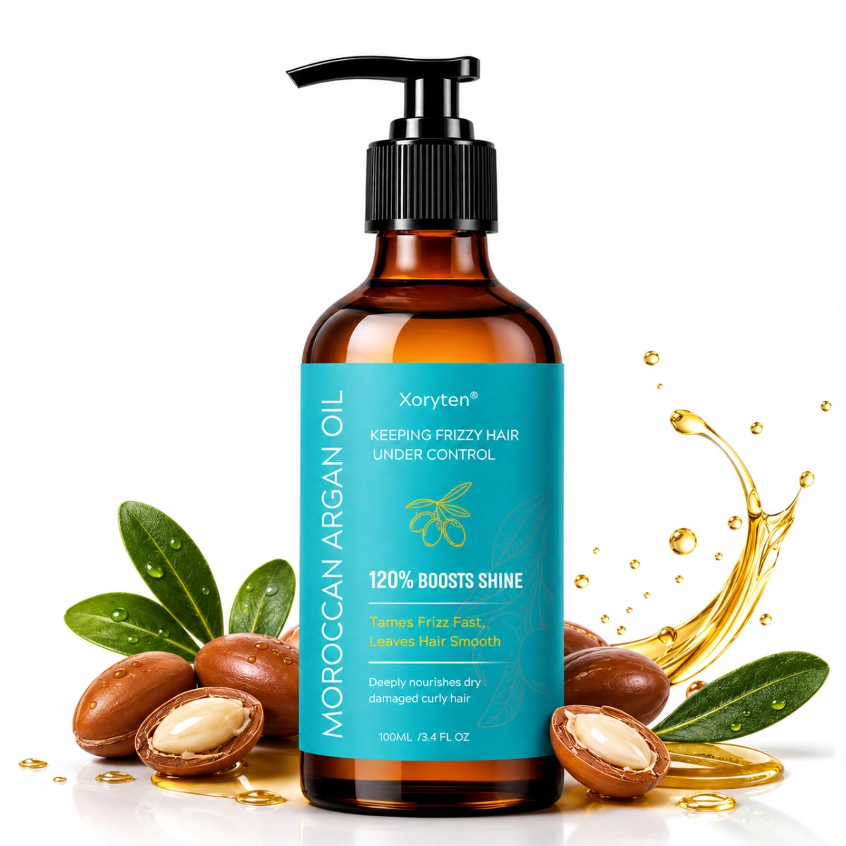 XORYTEN Moroccan Argan Oil - Nourishing & Smoothing Hair Oil for Long,Curly, Dry,Frizzy& Damaged Hair - Moroccan Hair Oil Treatment for Heat Protection & Frizz Control–3.4 Fl Oz
