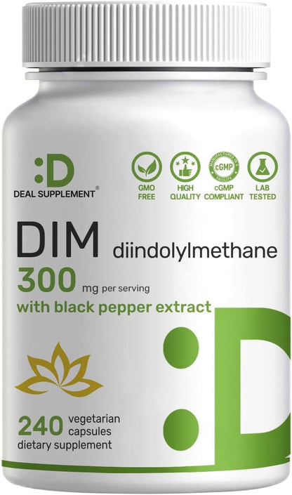 DIM Supplement 300mg with Black Pepper, 240 Vegetarian Caps, 4 Months Supply - 2-in-1 Dim Supplement for Women & Men - Diindolylmethane Plus Black Pepper Extract for Enhanced Absorption*