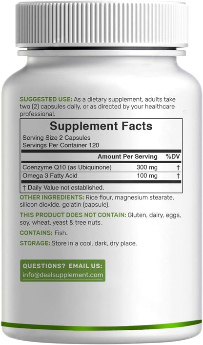 DEAL SUPPLEMENT CoQ10 300mg with Omega 3 100mg, 240 Capsules - Bioavailable Coenzyme Q10 Formula - Supports Heart, Energy & Brain Health - Antioxidant Support - Non-GMO