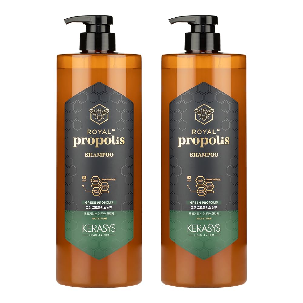 Kerasys Propolis Royal Jelly Extract Green Tea Olive Oil Shiny and Healthy Hair Propolis Green Moisture 33.8 fl oz / 1L (Shampoo, 2-Pack)
