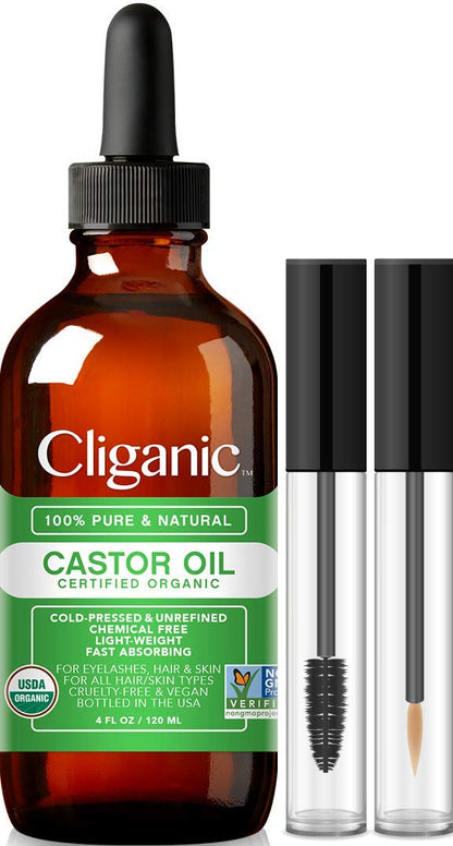 Cliganic Organic Castor Oil, 100% Pure (4oz with Eyelash Kit) - For Eyelashes, Eyebrows, Hair & Skin