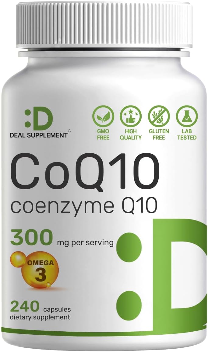 DEAL SUPPLEMENT CoQ10 300mg with Omega 3 100mg, 240 Capsules - Bioavailable Coenzyme Q10 Formula - Supports Heart, Energy & Brain Health - Antioxidant Support - Non-GMO