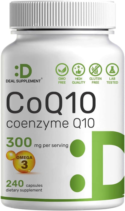 DEAL SUPPLEMENT CoQ10 300mg with Omega 3 100mg, 240 Capsules - Bioavailable Coenzyme Q10 Formula - Supports Heart, Energy & Brain Health - Antioxidant Support - Non-GMO