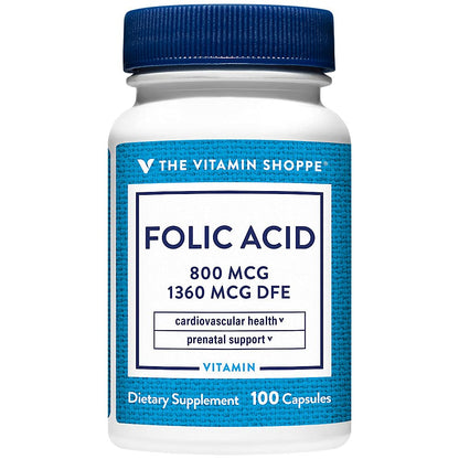 The Vitamin Shoppe Folic Acid 800MCG, Supports Prenatal & Fetal Development (100 Capsules)