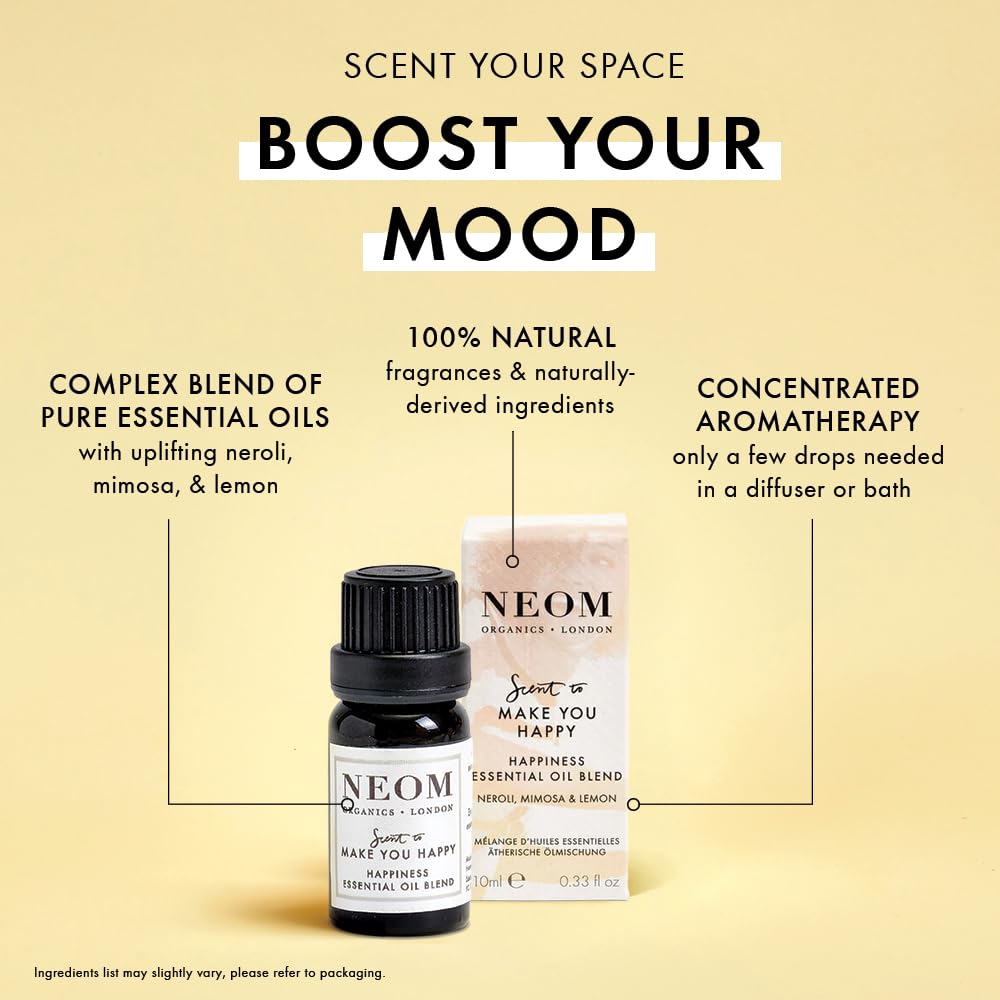 NEOM - Happiness Essential Oil Blend, 10ml - Neroli, Mimosa & Lemon - Scent to Make You Happy Range