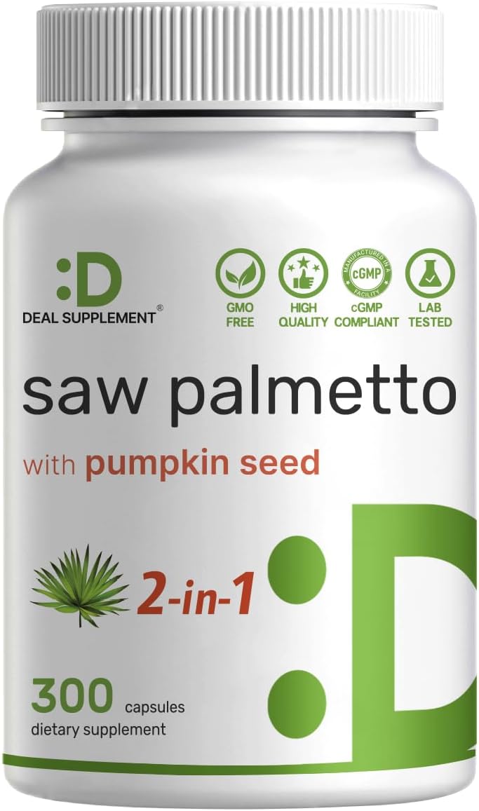 Saw Palmetto Supplement with Pumpkin Seed, 300 Capsules - Promotes Prostate Health - DHT Blocker - Hair Growth Vitamins, Maintain Normal Urinary Frequency