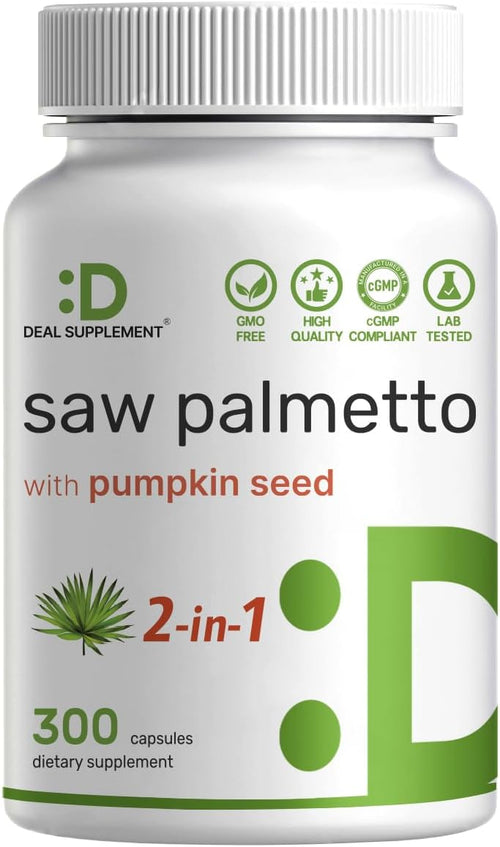 Saw Palmetto Supplement with Pumpkin Seed, 300 Capsules - Promotes Prostate Health - DHT Blocker - Hair Growth Vitamins, Maintain Normal Urinary Frequency