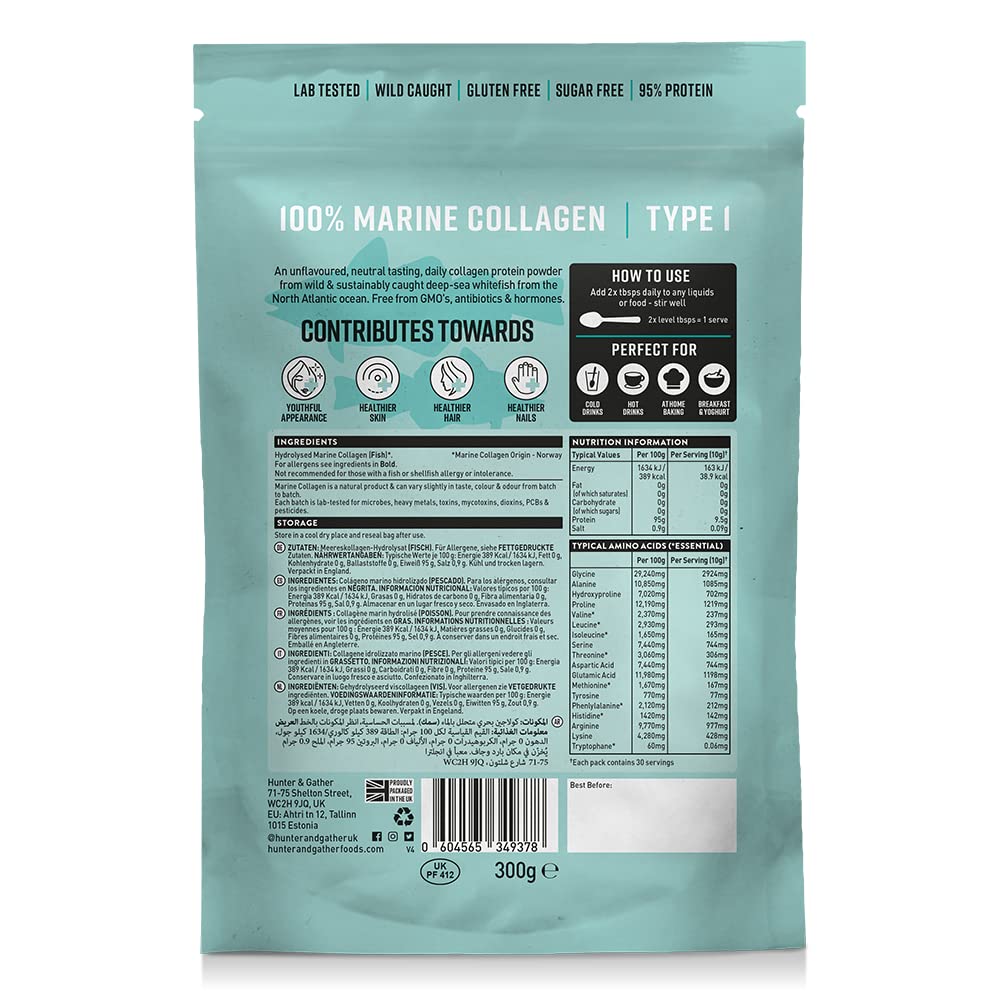 Hunter & Gather Marine Collagen Powder 300g - Pure Unflavoured Premium Hydrolysed Wild Caught Marine Collagen