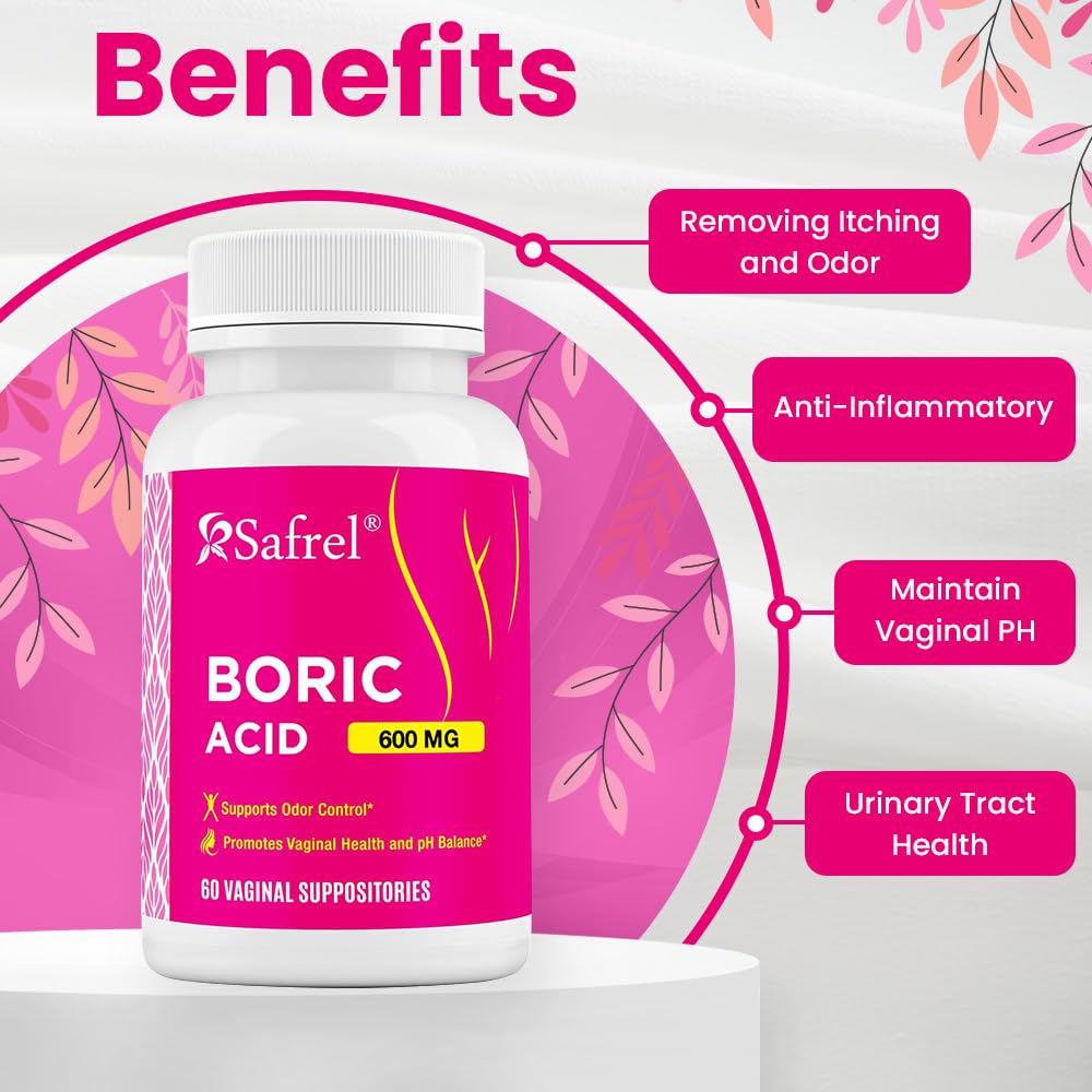 Safrel Boric Acid Vaginal Suppositories - 60 Count (1-Pack) - 100% Pure USA-Made, Supports Intimate