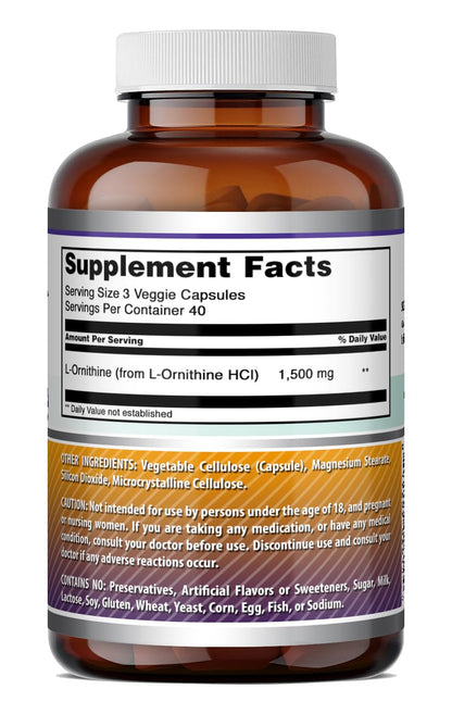 Amazing Formulas L-Ornithine 1500 Mg Per Serving Veggie Capsules Supplement - Non-GMO - Gluten Free - Made in USA (120 Count)