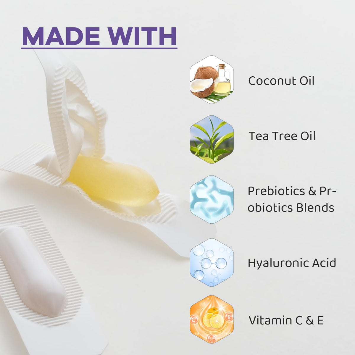 Vaginal Probiotic Suppositories, Prebiotic Infused with Hyaluronic Acid, Tea Tree, and Vitamin C&E