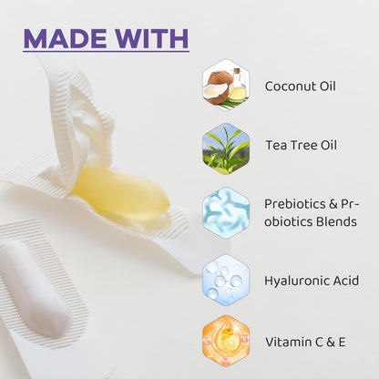 Vaginal Probiotic Suppositories, Prebiotic Infused with Hyaluronic Acid, Tea Tree, and Vitamin C&E