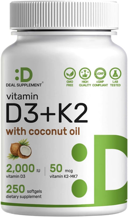 DEAL SUPPLEMENT Vitamin D3 2,000 IU + K2 MK7 50mcg Softgels - 2-in-1 Complex with Virgin Coconut Oil - Supports Heart, Bone, Teeth & Immune Health - Easy to Swallow