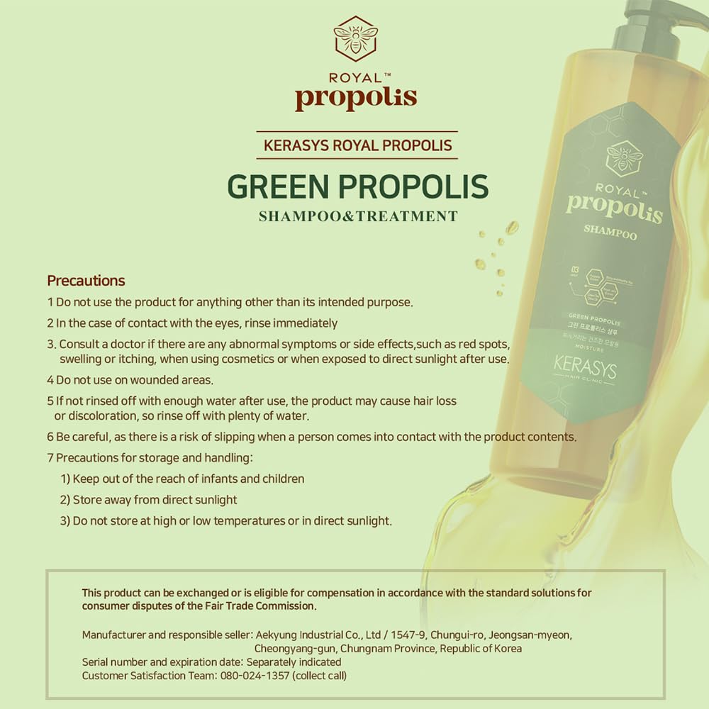 Kerasys Propolis Royal Jelly Extract Green Tea Olive Oil Shiny and Healthy Hair Propolis Green Moisture 33.8 fl oz / 1L (Shampoo, 2-Pack)