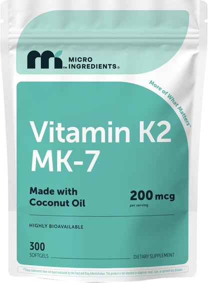 Micro Ingredients Vitamin K2 MK-7 200 mcg Per Serving, 300 Coconut Oil Softgels - K2 Vitamin Supplement with Coconut Oil - Non-GMO