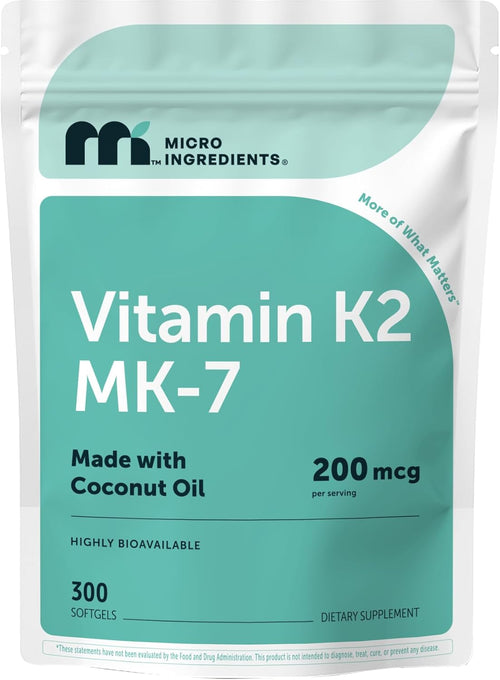 Micro Ingredients Vitamin K2 MK-7 200 mcg Per Serving, 300 Coconut Oil Softgels - K2 Vitamin Supplement with Coconut Oil - Non-GMO