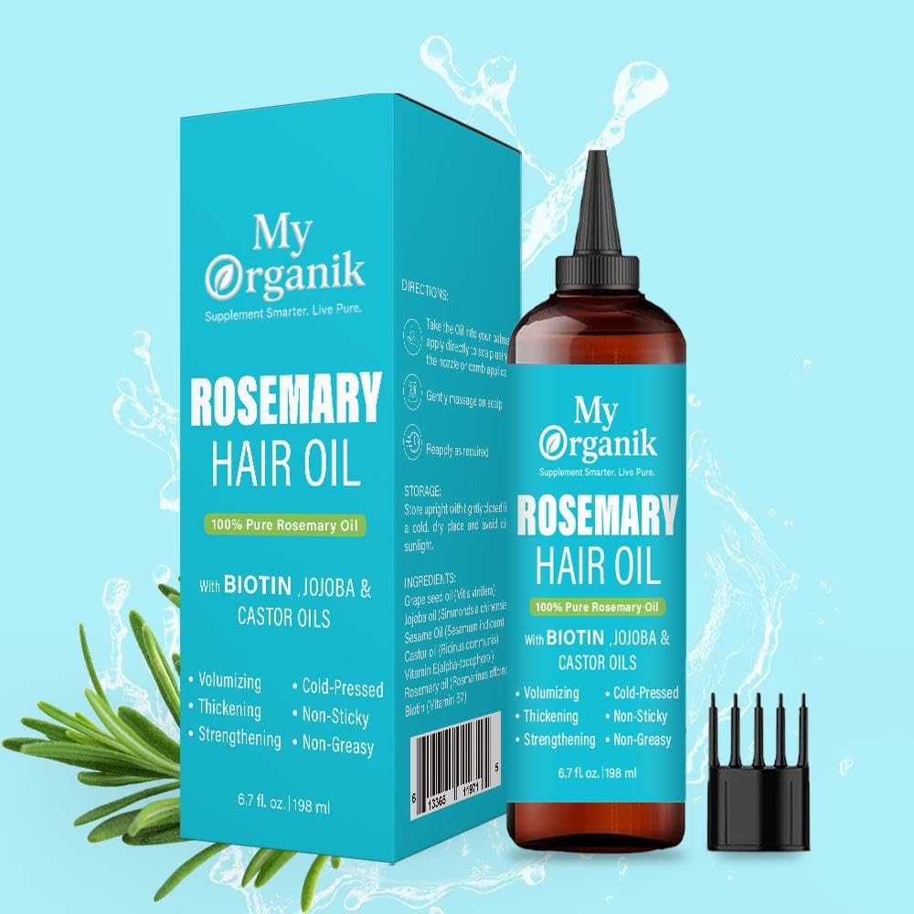 My Organik Rosemary Oil for Hair Growth - Cold-Pressed, Infused with Biotin, Jojoba & Castor Oil - Scalp Treatment for Hair Thickening, Strengthening & Dandruff Relief - Non-GMO - 6.7 fl oz / 198 ml