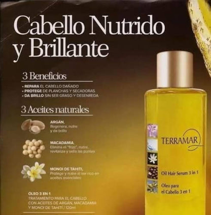 Terramar 3-in-1 Hair Oil with Argan, Macadamia, and Monoi Extracts, Smoothing and Hydrating Serum (Medium - 4.06 Fl Oz)