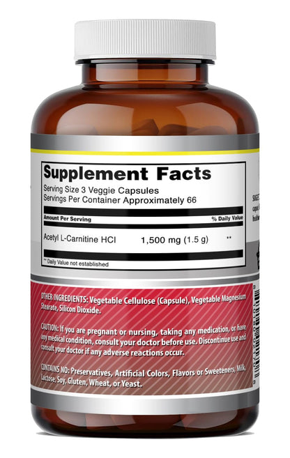 Amazing Formulas Acetyl L-Carnitine - 1500 per Serving Supplement - Vegetarian Capsules - Non-GMO - Gluten-Free - Made in USA (1 Pack - 120 Count)