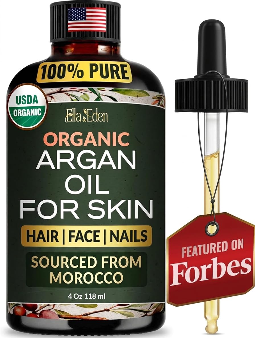 Ella & Eden Organic Argan Oil Of Morocco - 100% Pure Cold-Pressed USDA Certified Unrefined Moroccan Argan Oil for Hair, Face & Skin - 4 Fl Oz Glass Bottle