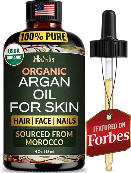 Ella & Eden Organic Argan Oil Of Morocco - 100% Pure Cold-Pressed USDA Certified Unrefined Moroccan Argan Oil for Hair, Face & Skin - 4 Fl Oz Glass Bottle