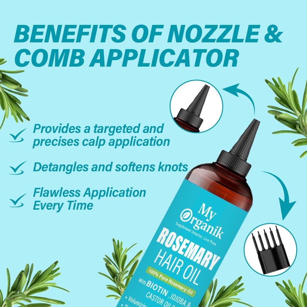My Organik Rosemary Oil for Hair Growth - Cold-Pressed, Infused with Biotin, Jojoba & Castor Oil - Scalp Treatment for Hair Thickening, Strengthening & Dandruff Relief - Non-GMO - 6.7 fl oz / 198 ml