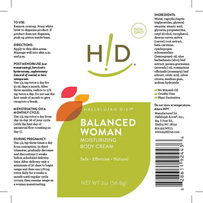 Hallelujah Diet - Balanced Woman Moisturizing Body Cream, Natural Progesterone Cream For Women
