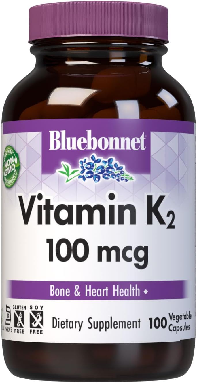 Bluebonnet Nutrition Vitamin K2 Supplement 100 mcg Daily Vit K2 MK7 Heart Health & Bone Vitamins for Women & Men* - Vegan, non-GMO, Dairy-Free, Gluten-Free Vit K - 100 Vegetable Capsules