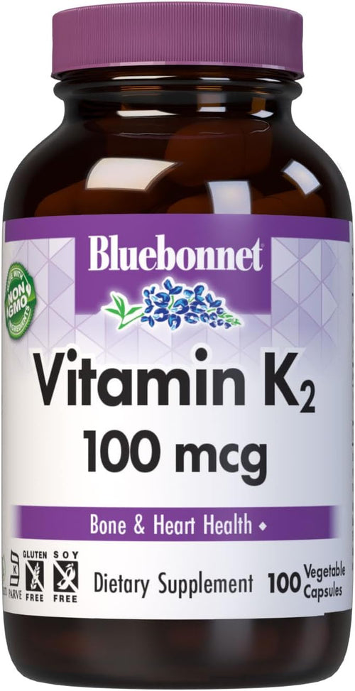 Bluebonnet Nutrition Vitamin K2 Supplement 100 mcg Daily Vit K2 MK7 Heart Health & Bone Vitamins for Women & Men* - Vegan, non-GMO, Dairy-Free, Gluten-Free Vit K - 100 Vegetable Capsules