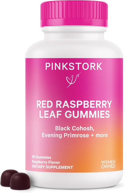 Pink Stork Red Raspberry Leaf Gummies for Labor Prep, 60 Count - Evening Primrose Oil + Black Cohosh, Pregnancy + Postpartum Mood Essentials, Vegan, Non-GMO