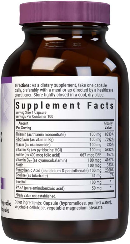 Bluebonnet Nutrition B Complex, Complete Full Spectrum, Vitamin B6, B12, Biotin, Folate, Vegan, Vegetarian, Gluten, Soy & Milk Free, Kosher, 100 Count