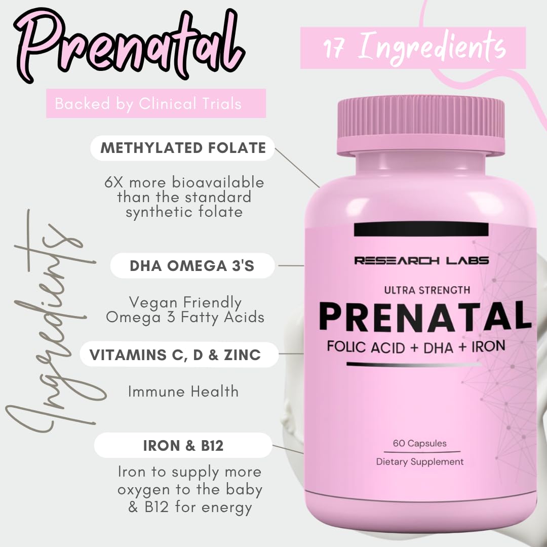 Research Labs Prenatal Vitamins for Women 2 Fer 1 Ad: 6X More Bioavailable Methylated Folate Folic Acid MTHF 5 - Supports Brain Development, Healthy Growth