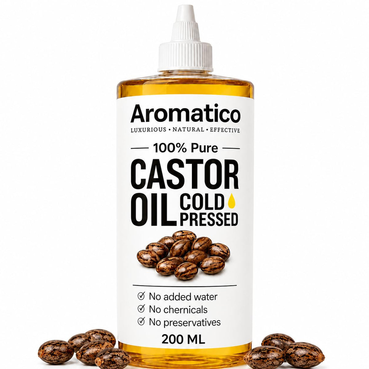 Aromatico Pure Cold Pressed Castor Oil for Hair, Eyelashes & Eyebrows - Natural Carrier Oil for Skin, Hair & Scalp Care - Thick Conditioning Oil for DIY Beauty - 7 fl oz