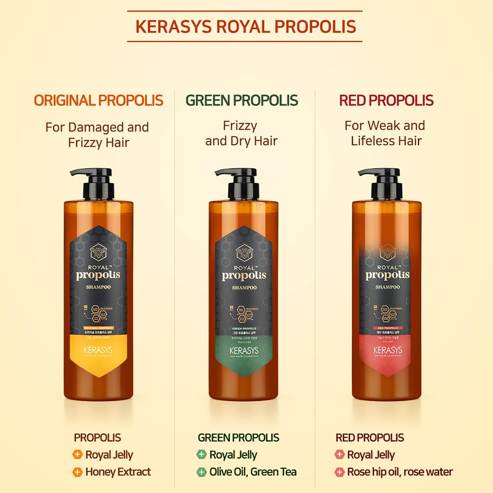 Kerasys Propolis Royal Jelly Extract Green Tea Olive Oil Shiny and Healthy Hair Propolis Green Moisture 33.8 fl oz / 1L (Shampoo, 2-Pack)