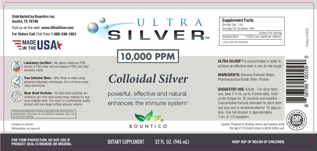 Ultra Silver® Colloidal Silver - 10,000 PPM, 32 Oz (946mL) - Mineral Supplement - True Colloidal Silver - 4 oz Dropper Bottle (Empty) Included for Dispensing!