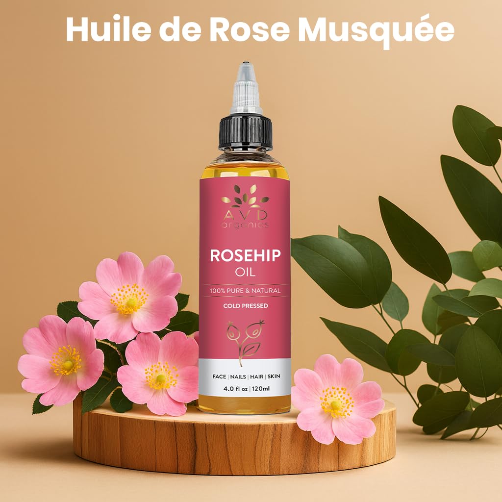AVD ORGANICS Rosehip Oil for Face 120ml - 100% Pure, Cold-Pressed Huile de Rose Musquée - Rose hip Oil for Face, Skin, Hair, Scalp & Nails - Moisturizing for Daily Use (4.05 fl oz)